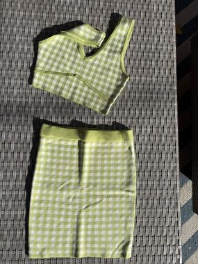 iris Lime Green and White Gingham Knit Skirt Set